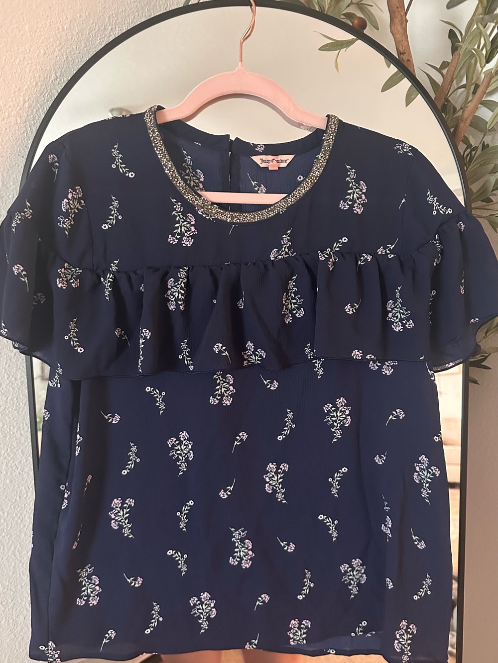 Juicy Couture Navy Floral Ruffle Top with Beaded Neckline
